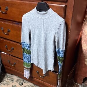 Free People Gray Long Sleeve Top with Blue and Green Accents